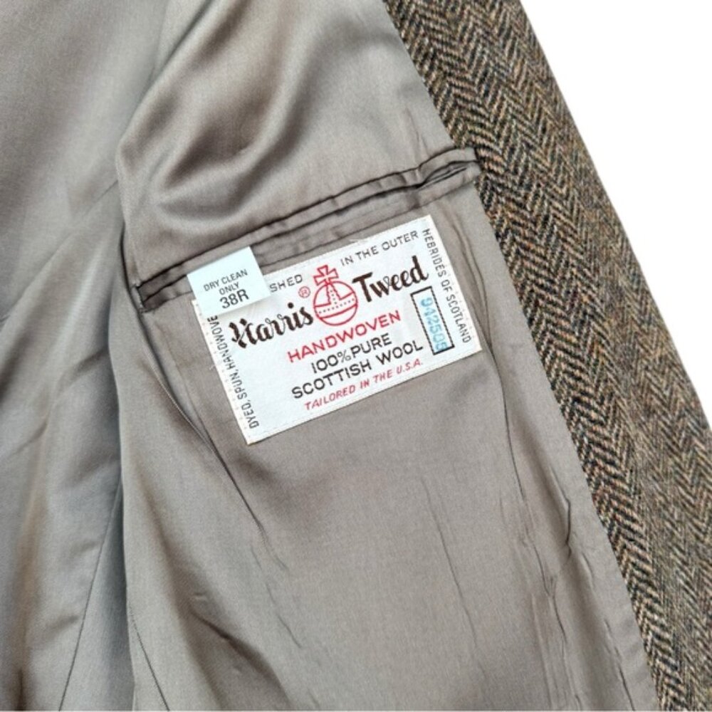 SOLD Vtg Harris Tweed Herringbone Blazer Size 38 R Brown Single Breast 70s 80s - Picture 7 of 9